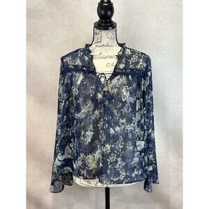 Ana Women’s Beautiful Blue Floral LS Blouse With Tassel Collar Size S